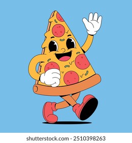 Pizza caminando de dibujos animados con expresión feliz