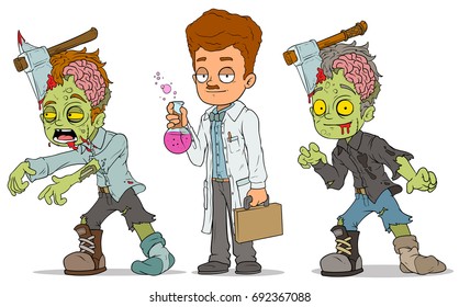 Cartoon walking zombie with axe and redhead scientist characters vector set