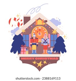 Cartoon wall clock Nutcracker New Year in retro groovy style of the 90s. New Year's fairy tale illustration, Christmas dial. Winter house, New Year's characters