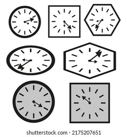 Cartoon wall clocks various shapes. Round clock. Vector illustration. stock image.