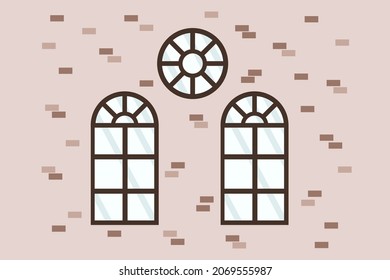 Cartoon wall of a house with windows. Illustration of an exterior wall with round and semicircular wooden window frames. Windows of various shapes for banner design. Vector illustration