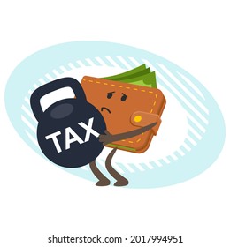 Cartoon Wallet Character, bent from the weight, keeping a huge weight with the tax. Taxes burden concept. Vector Illustration.