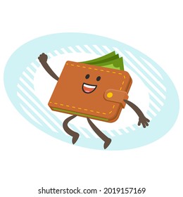 Cartoon Wallet Character joyfully jumping. Vector Illustration.