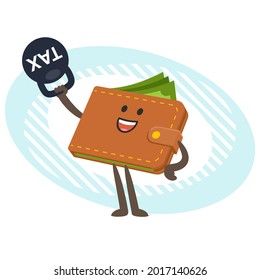 Cartoon Wallet Character lifting weights   with the inscription "tax". Low taxes. Vector Illustration.