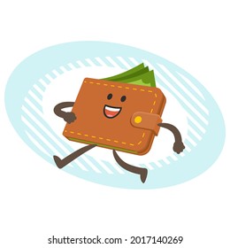 Cartoon Wallet Character läuft. Vektorgrafik.