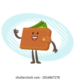 Cartoon Wallet Character showing the ok sign. Vector Illustration.