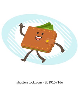 Cartoon Wallet Character caminando y saludando su mano. Ilustración vectorial.