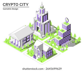 Cartoon Wallet Company, Smart Contract Hub, Blockchain Museum and Bank Building Crypto City Concept 3d Isometric View Line Elements. Vector illustration