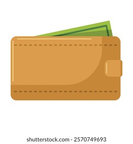 Cartoon wallet flat icon vector illustration, wallet clip art, brown wallet with green paper money, simple flat wallet clipart image