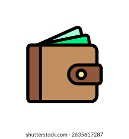 Cartoon wallet with money in colored outline style. Ideal for digital wallet, shopping, consumerism, payments, and financial UI.