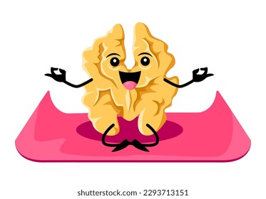 Cartoon walnut character on yoga or fitness sport. Vector happy funny nut personage sitting on mat in lotus asana meditation pose. Zen class, health care and mind balance, comic seed yogi practice