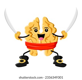 Cartoon walnut nut pirate character. Isolated vector kernel wearing buccaneer costume, with cutlass in hands. Amusing corsair, fantasy fairytale captain filibuster book or game personage