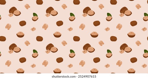 Desenho animado noz padrão sem costura. Frutos de casca rija com casca e pedaços descascados. Comida saudável. Dieta lanche. Decoração têxtil, envoltório, papel de parede design. Imprimir para tecido. Ilustração vetorial de design de planta natural