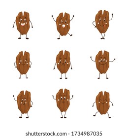 Cartoon walnut set with different facial expressions - cute brown nut character with happy, angry and scared face isolated on white background. Vector illustration.