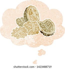 cartoon walnuts with thought bubble in grunge distressed retro textured style