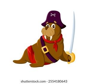 Cartoon walrus animal pirate and corsair character with a sharp sword. Isolated vector funny morse sea creature filibuster personage, wearing captain tricorn hat and holding a saber in its fin