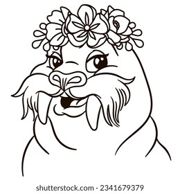 Cartoon walrus in floral crown. Cute baby animal nursery print