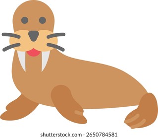 Uma morsa de desenho animado com grandes presas está em sua barriga, seu rosto bonito com bigodes e uma língua pequena.