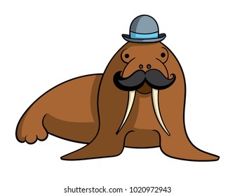 Cartoon Walrus With Mustache And Bowler Hat