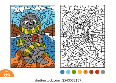 Cartoon walrus on the beach. Color by number for children
