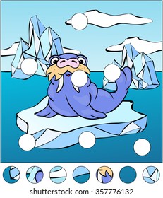 Cartoon walrus on an ice floe. complete the puzzle and find the missing parts of the picture. Vector illustration. Educational game for kids