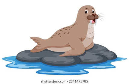 Cartoon walrus on the rock isolated on white backround. Vector illustration