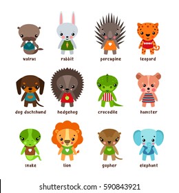 Cartoon walrus and rabbit, porcupine and leopard, dog dachshund and hedgehog, jungle crocodile and forest pocket gopher, hamster and snake, safari lion and elephant. Set of isolated baby animals