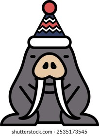A cartoon of a walrus wearing a hat and a red and blue striped scarf. The walrus has a big smile on its face