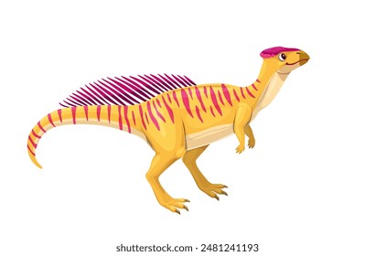 Cartoon wannanosaurus dinosaur character, jurassic period prehistoric animal. Vector personage of wannanosaurus lizard dino with funny tail and head crest. Prehistoric jungle forest stripped sauropod