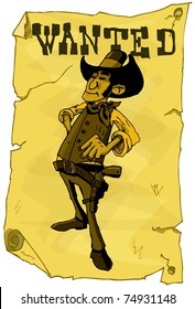 Cartoon wanted poster of a cowboy. Yellowed with age