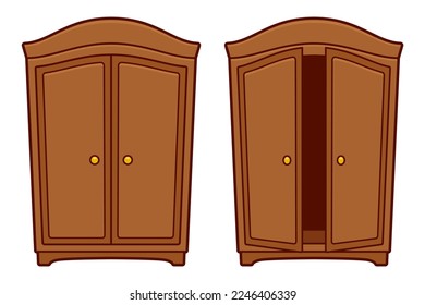 Cartoon wardrobe, open and closed. Vintage wooden furniture vector clip art illustration.