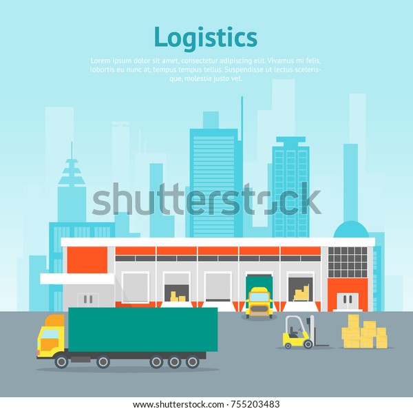 Cartoon Warehouse Distribution Logistics\
Storage and Delivery Cargo Card Poster Urban Architecture Flat\
Style Design. Vector\
illustration