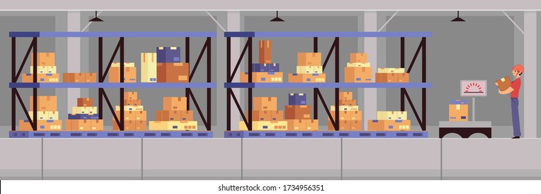 Cartoon warehouse interior banner - horizontal panorama view of shelves stacked with cardboard boxes and worker man using weights. Flat vector illustration.