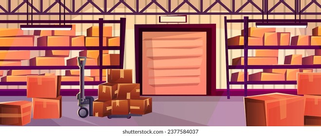 Almacén de caricaturas con elevador de horquilla. Bandeja con cajas de cartón. Estantes con bienes, varios paquetes. Almacén interior. Almacenamiento industrial de almacenamiento de almacenamiento en almacén. Entrega logística. Ilustración del vector
