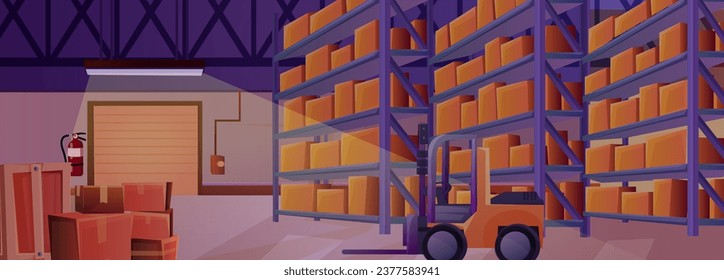 Cartoon warehouse interior with forklift. Shelves with goods, various parcels. Rack with carton boxes. Industrial crowded stockroom storage. Indoor storehouse. Logistic delivery. Vector illustration