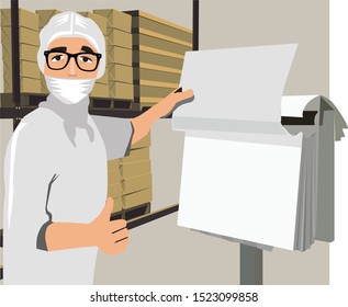 cartoon of a warehouse of lab worker holding a sheet of paper checking quality