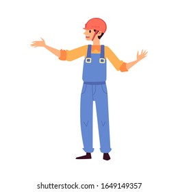 Trabajador del almacén de caricaturas haciendo gestos con su mano - hombre con uniformes azules y casco haciendo movimientos de ondear. Ilustración vectorial plana aislada sobre fondo blanco.