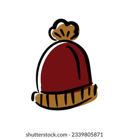 Cartoon-warm gestrickter Hut mit Pompon, Winterdoodle einzeln auf weißem Hintergrund