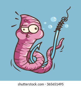 Cartoon warm on fishing hook. Vector illustration