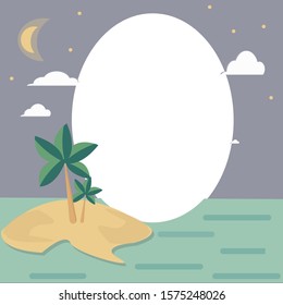 cartoon warm vector frame illustration of tropic lanscape with night sky and clouds. Sand, palms and sea in flat design. Place for text or photo