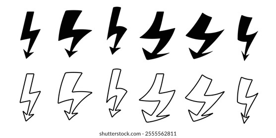 Cartoon warning sign for high voltage. Danger, electric high current with lightning. Energy power concept. Storage electric rechargeable supply for battery. Electricity arrow symbol. Volt, watt sign.