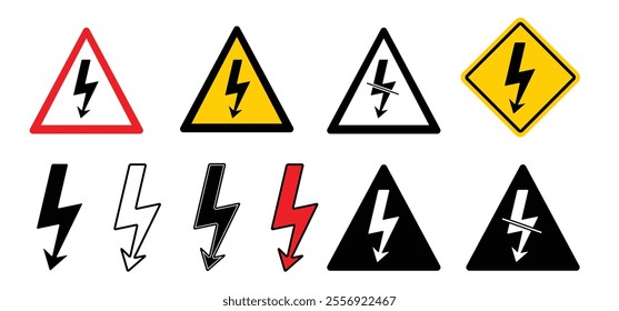 Cartoon warning sign for high voltage. Danger, electric high current with lightning. Energy power concept. Storage electric rechargeable supply for battery. Electricity arrow symbol.