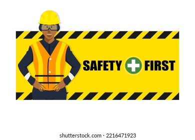 Cartoon warning sign safety first for factory, Vector illustration.