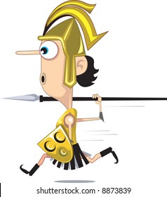 A cartoon warrior attacking with his spear. 	