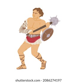 Cartoon Warrior Soldier From Ancient Rome Holding Shield And Spike Club Mace Ball Weapon Isolated On White Background. Vector Illustration Of Gladiator Man