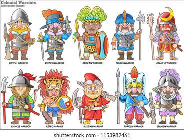 Cartoon Warriors Of The Colonial Era, Set Of Vector Images