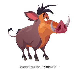 Um desenho animado warthog vetor plano ilustração isolado no fundo branco Uma divertida e cativante representação de um porco desenhos animados caracterizado por suas presas seu pelo marrom e uma expressão lúdica