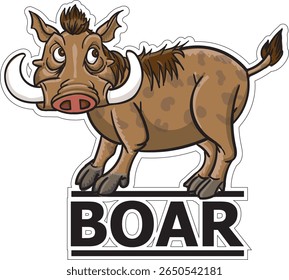 Cartoon warthog with long tusks standing on the text "BOAR," outlined in white. Brown vector illustration on a black background. Ideal for T-shirts, prints, stickers, or children's designs.