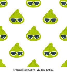 cartoon wasabi character seamless pattern, cute japanese food, flat vector texture, kawaii sushi illustration