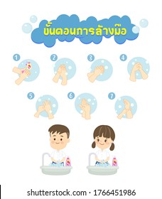 Cartoon Wash Your Hands In Thai Language It Mean “Wash Your Hands” Vector      